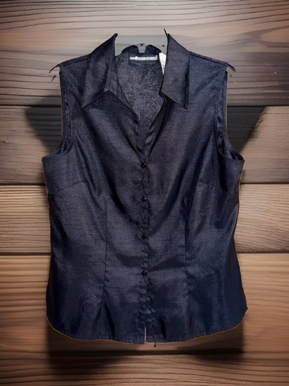 Sag Harbor Sleeveless Button-Front Textured Black Blouse-14-EC